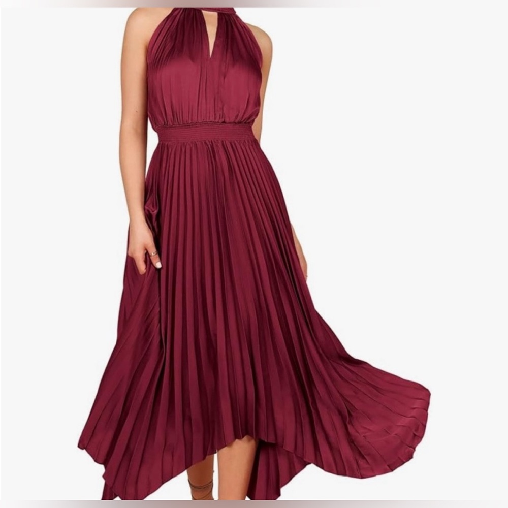 Red Asymmetrical Pleated High-Low Halter Dress in Wine. Hard to find color!
